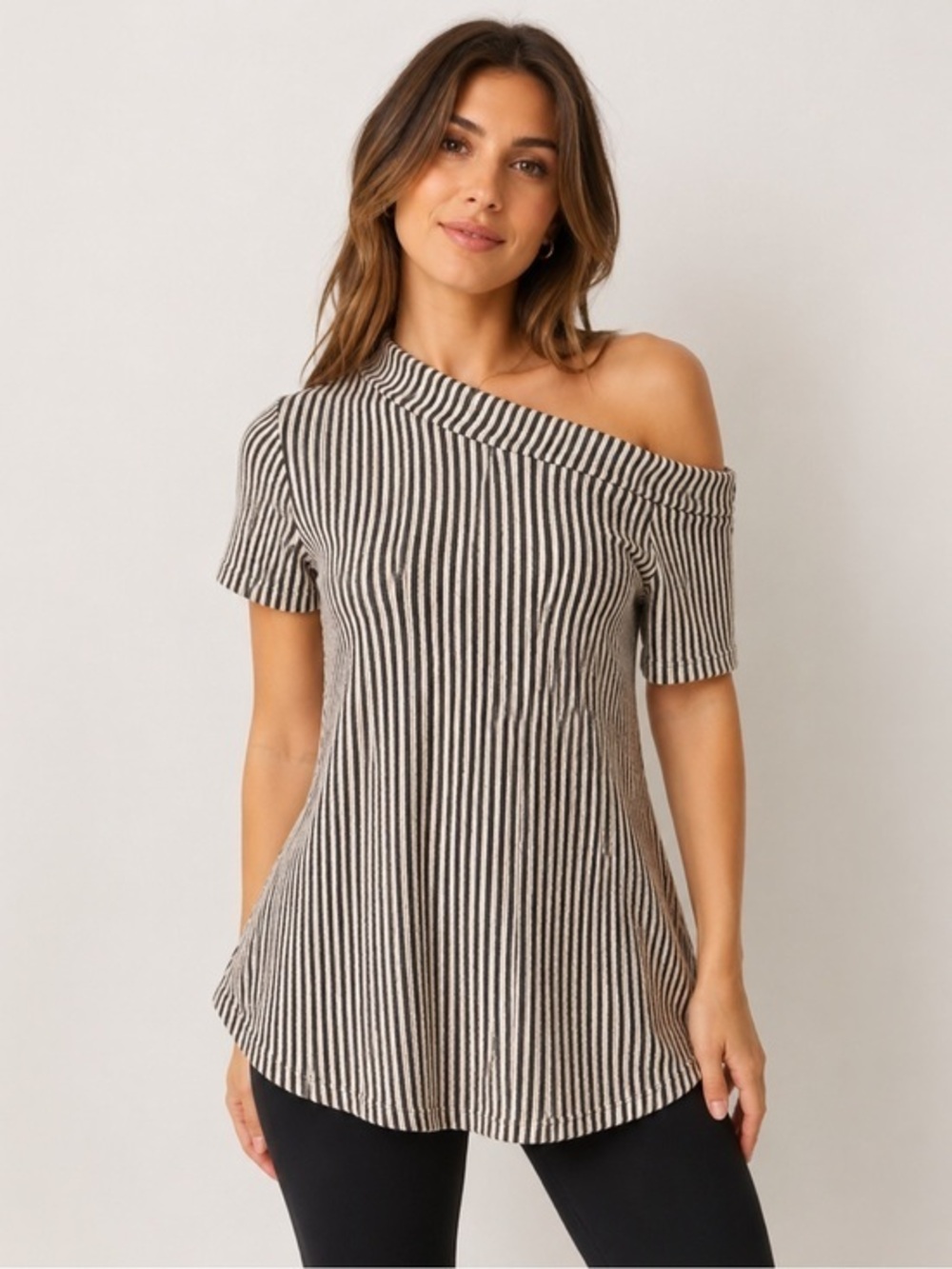 asymmetrical Wanna B Black White Striped Mock Neck Tunic Top Size M Stretch